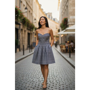 AKIRA Chicago Dress Womens Medium Blue Strapless Fit & Flare Textured Chevron